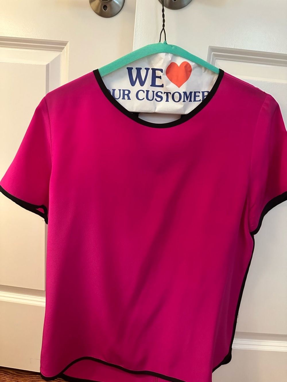 Women’s Magenta Short-Sleeve silk Blouse with Black Trim